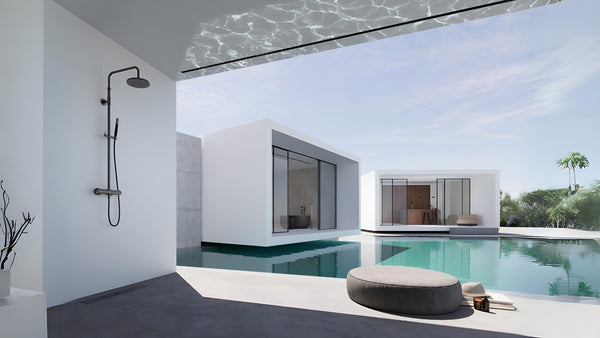 Outdoor bathroom featuring a sleek, minimal design adjacent to a beautiful swimming pool, complemented by clean lines and a tranquil atmosphere.